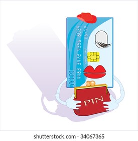 Credit card with a PIN code in a purse. Vector illustration