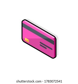 Credit card Pink left view - Black Stroke+Shadow icon vector isometric. Flat style vector illustration.