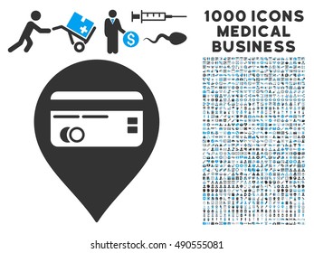 Credit Card Pointer icon with 1000 medical commerce gray and blue vector pictograms. Design style is flat bicolor symbols, white background.