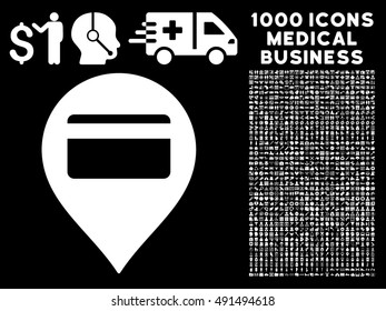 Credit Card Pointer icon with 1000 medical commercial white vector pictographs. Clipart style is flat symbols, black background.