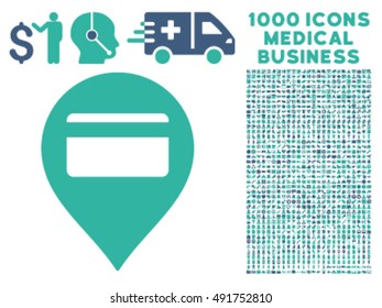 Credit Card Pointer icon with 1000 medical commerce cobalt and cyan vector pictograms. Design style is flat bicolor symbols, white background.