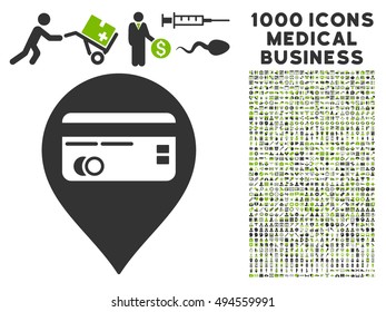 Credit Card Pointer icon with 1000 medical business eco green and gray vector pictograms. Collection style is flat bicolor symbols, white background.