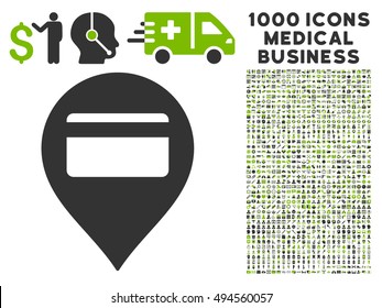 Credit Card Pointer icon with 1000 medical commerce eco green and gray vector pictograms. Set style is flat bicolor symbols, white background.
