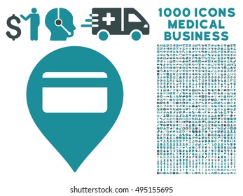 Credit Card Pointer icon with 1000 medical commerce soft blue vector pictographs. Set style is flat bicolor symbols, white background.