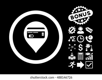 Credit Card Pointer icon with bonus pictograph collection. Vector illustration style is flat iconic symbols, white color, black background.