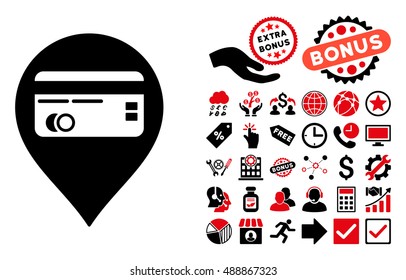 Credit Card Pointer icon with bonus design elements. Vector illustration style is flat iconic bicolor symbols, intensive red and black colors, white background.