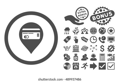 Credit Card Pointer icon with bonus symbols. Vector illustration style is flat iconic symbols, gray color, white background.