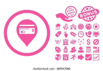 Credit Card Pointer icon with bonus pictogram. Vector illustration style is flat iconic symbols, pink color, white background.