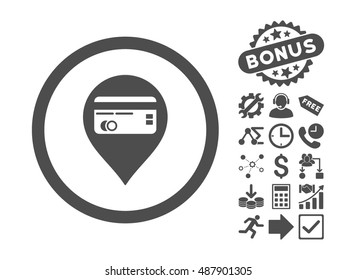 Credit Card Pointer pictograph with bonus elements. Vector illustration style is flat iconic symbols, gray color, white background.