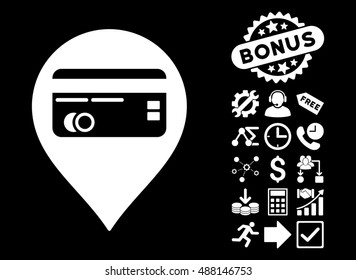 Credit Card Pointer pictograph with bonus images. Vector illustration style is flat iconic symbols, white color, black background.