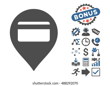 Credit Card Pointer pictograph with bonus elements. Vector illustration style is flat iconic bicolor symbols, cobalt and gray colors, white background.