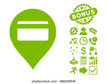 Credit Card Pointer pictograph with bonus icon set. Vector illustration style is flat iconic symbols, eco green color, white background.