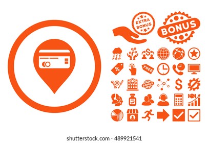 Credit Card Pointer pictograph with bonus images. Vector illustration style is flat iconic symbols, orange color, white background.