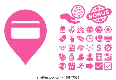 Credit Card Pointer pictograph with bonus clip art. Vector illustration style is flat iconic symbols, pink color, white background.