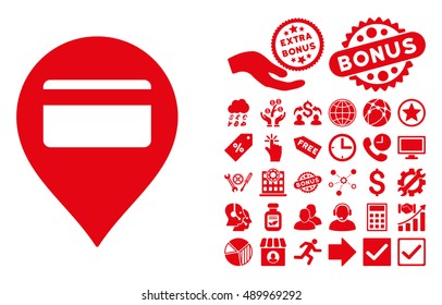Credit Card Pointer pictograph with bonus design elements. Vector illustration style is flat iconic symbols, red color, white background.