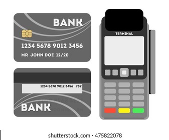 Credit Card With Pos. Portable Terminal With Credit Or Debit Card. Shopping And Service Payment With Plastic Card. Pos With Pin Pad.