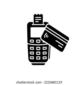 Kreditkarte mit Pos Silhouette Symbol. Banking Terminal für Cashless Payment Glyph Piktogramm. Finanz-Maschine Electronic Money Transaction Symbol. Auszahlungsnachweis-Symbol. Einzelne Vektorgrafik.