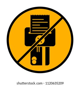 Credit card, POS terminal, failure icon. not allowed, black object in warning sign with orange background color