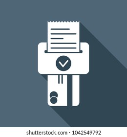 Credit card, POS terminal, success icon. White flat icon with long shadow on background