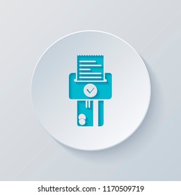 Credit card, POS terminal, success icon. Cut circle with gray and blue layers. Paper style