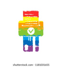 Credit card, POS terminal, success icon. Drawing sign with LGBT style, seven colors of rainbow (red, orange, yellow, green, blue, indigo, violet