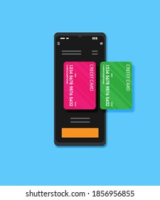 Tarjeta de crédito y terminal de post. Ilustración plana del vector