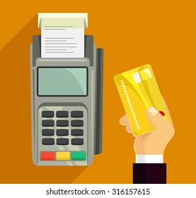 Credit card and pos terminal. Vector flat illustration