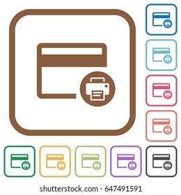 Credit card print record simple icons in color rounded square frames on white background
