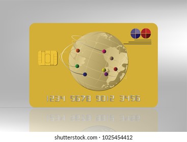 credit card privilege golden vector.  plastic ATM card front view design realistic style on gray white background. Global network paying connection shopping online concept. purchasing power