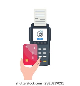 Credit card processing service. Hands close up accept contactless payments using terminal machine. Vector flat style cartoon illustration