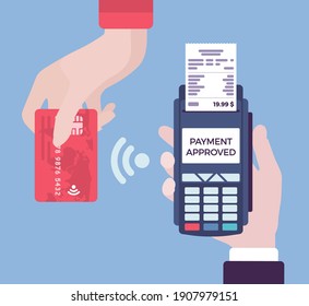 Credit card processing service, system in point of sale, POS. Hands close up accept contactless payments using terminal machine, portable device retail location. Vector flat style cartoon illustration