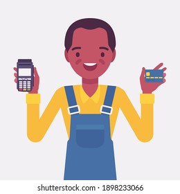 Credit card processing system, happy black boy. Small business owner showing safe payment option, secure merchant method and good customer service demonstration. Vector flat style cartoon illustration