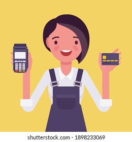Credit card processing system, happy girl. Small business owner showing safe payment option, secure merchant method and good customer service demonstration. Vector flat style cartoon illustration