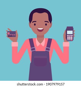 Credit card processing system, happy black boy. Small business owner showing safe payment option, secure merchant method and good customer service demonstration. Vector flat style cartoon illustration