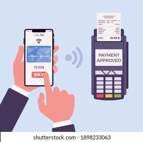 Credit Card Processing System, Mobile Phone Merchant Service. Hands Close Up Make Contactless Payments Using Mobile Phone, Smartphone Application Platform. Vector Flat Style Cartoon Illustration