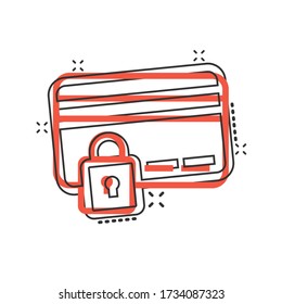Credit card protection icon in comic style. Safe shopping cartoon vector illustration on white isolated background. Commercial padlock splash effect business concept.