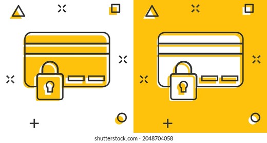Credit card protection icon in comic style. Safe shopping cartoon vector illustration on white isolated background. Commercial padlock splash effect business concept.