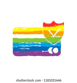 credit card protection icon. Drawing sign with LGBT style, seven colors of rainbow (red, orange, yellow, green, blue, indigo, violet