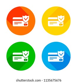 credit card protection icon. Flat white icon on colored circles background. Four different long shadows in each corners