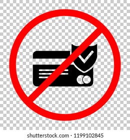 credit card protection icon. Not allowed, black object in red warning sign with transparent background