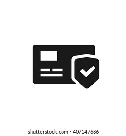 Credit Card Protection Icon, Secure Payment Sign, Credit Card With Shield And Green Check Mark Flat Black And White Pictogram Design Isolated On White Background