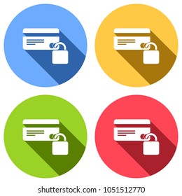 credit card protection icon. Set of white icons with long shadow on blue, orange, green and red colored circles. Sticker style