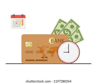 Credit card purchase and payment concept. Debt repayment, repayment of a debt, credit card debt. Loan repayment, return of funds to the card. Vector illustration. 