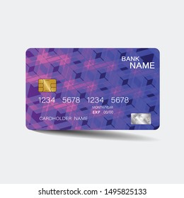 Credit card. With purple elements desing. And inspiration from abstract. On white background. Glossy plastic style. 