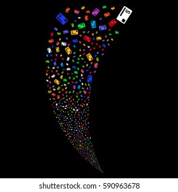 Credit Card random fireworks stream. Vector illustration style is flat bright multicolored iconic symbols on a black background. Object fountain made from scattered pictograms.