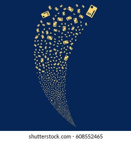 Credit Card random fireworks stream. Vector illustration style is flat yellow iconic symbols on a blue background. Object fountain made from scattered pictographs.