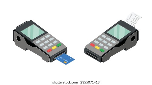 Credit card reader machine. payment terminal with credit card, POS-terminal. Isometrci vector.