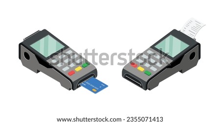 Credit card reader machine. payment terminal with credit card, POS-terminal. Isometrci vector.