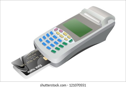 Credit card and card reader on white background