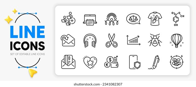 Credit card, Receive mail and Ranking star line icons set for app include Calendar, Justice scales, Cut outline thin icon. Phone protect, Headphones, Add team pictogram icon. Signature. Vector